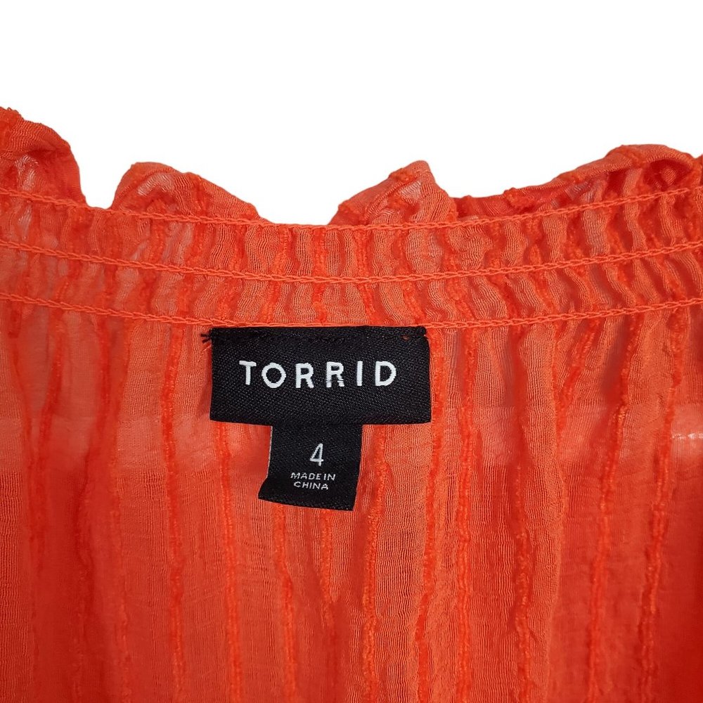 Torrid 4X Size 4 Blouse Peasant Textured Gauze Tiered Ruffle Keyhole Ribbon Tie - Picture 6 of 10